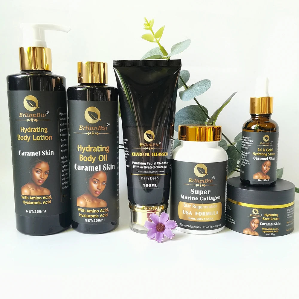 Private Label Organic Caramel Skin Care Set Natural Skin Glow Face Oil Moisturizing Facial Exfoliating Set