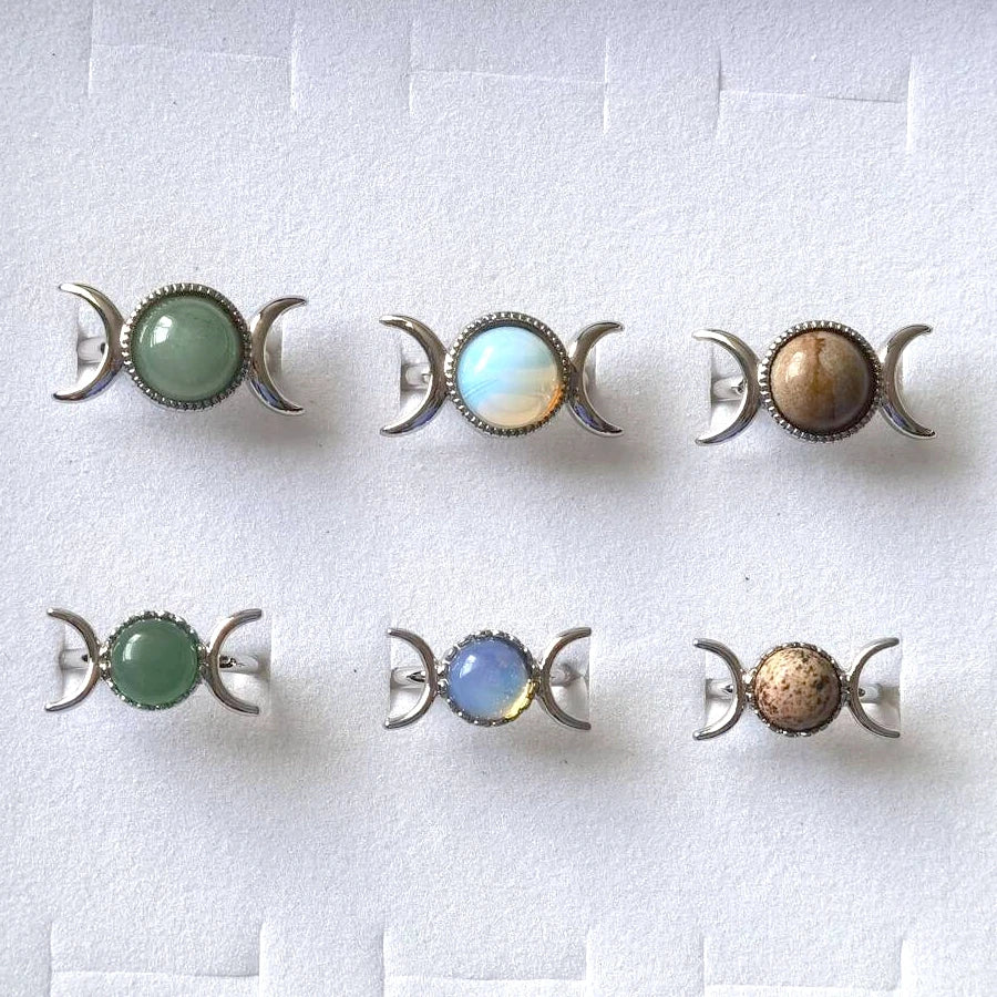 Wholesale New Design Moon Ring Jewelry Ladies Fashion Natural Colorful Round Shaped Gemstone Adjustable Rings