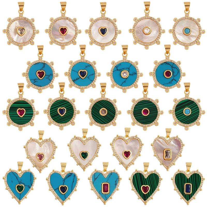 Trendy Round Heart Shape Natural Mother of Pearl Shell Agate Malachite Charm PendantJewelry for Necklace Accessories Supply L55