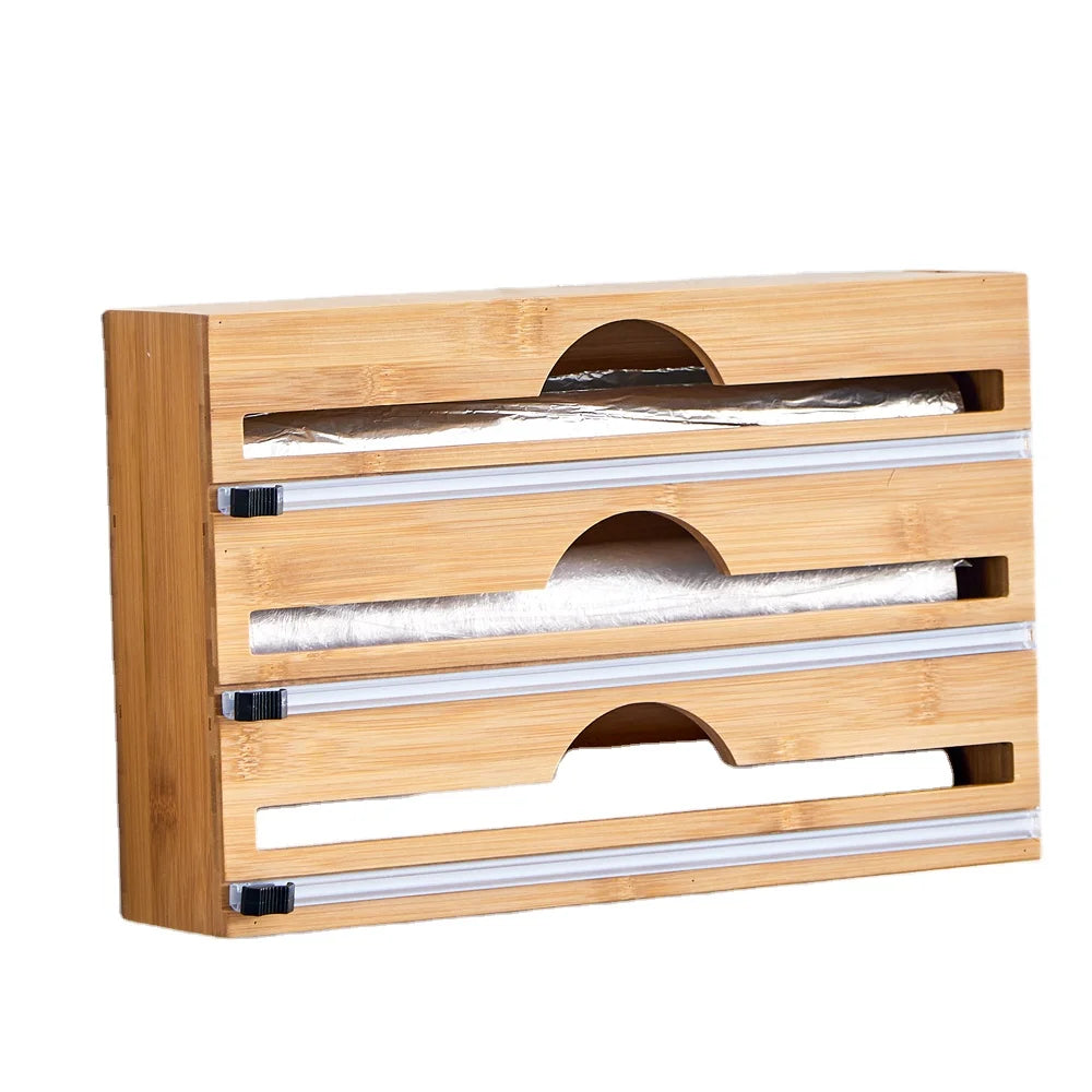 3-in-1 Bamboo Roll Organizer Dispenser with Cutter Standing Type Customizable Logo Kitchen Drawer Storage Food Wrap Management