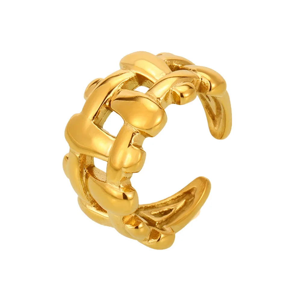 China Wholesale New Design Luxury Personalized Hollow Weaving Stainless Steel Jewelry 18 K Gold Plated Women Opening Ring