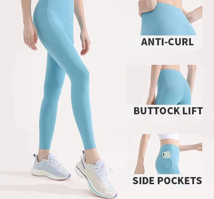 Buker High Waist Solid Seamless Ankle-Length Yoga Pants Leggings with Pockets for Women's Tummy Control