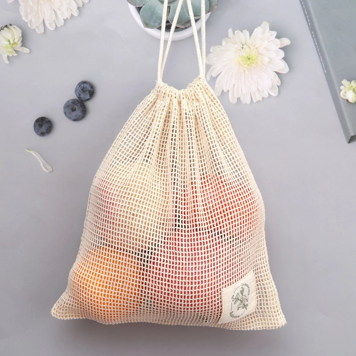 Reusable Organic Cotton Mesh Produce Bags for Soap Packaging Drawstring Natural Mesh Soap Saver Pouch