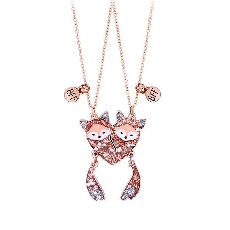 SC New Design Shiny Sequin Magnetic Heart Necklace Birthday Gift 2pcs Cute Cartoon Fox Pendant Best Friends BFF Necklace for 2