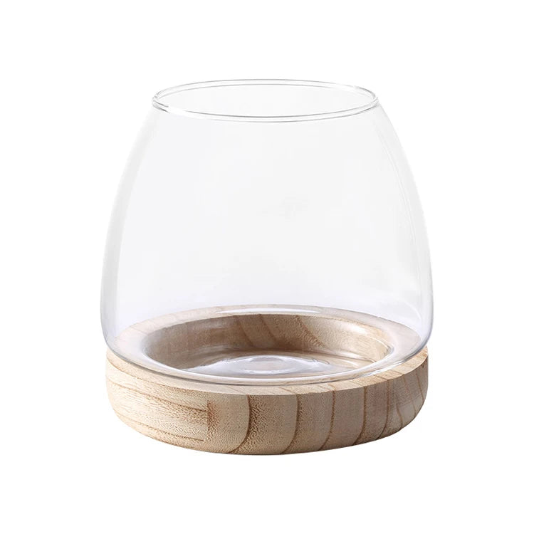 Hand Blown Office Home Table Decoration Flower Vase Terrarium Clear Glass Fish Bowl Vase With Wood Base Holder