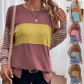 Women's Casual Striped Splicing Long Sleeve Pullover New Round Neck Sweaters for Spring Breathable Polyester