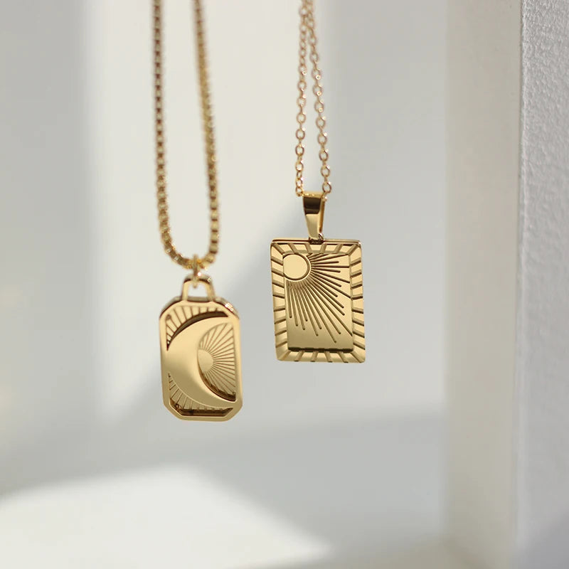 Golden Moon&Sun Pendant Necklace for Women 18K Gold Plated Stainless Steel Link Chain Necklace