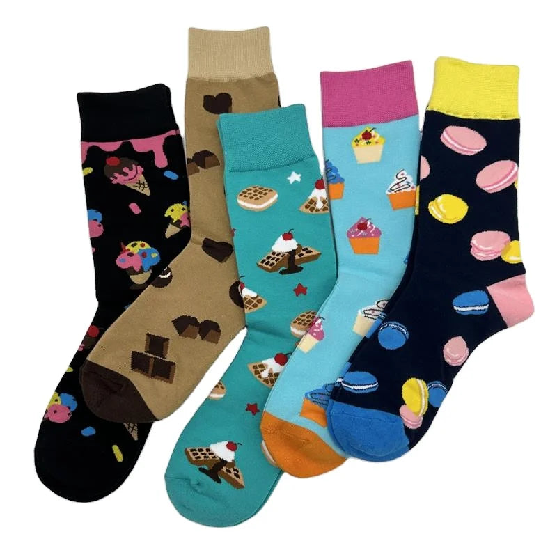 Hot Sale Custom Design Colorful Crew Socks Food Pattern Ice Cream Chocolate Waffle Cake Macarons Cute Soft Socks for Unisex