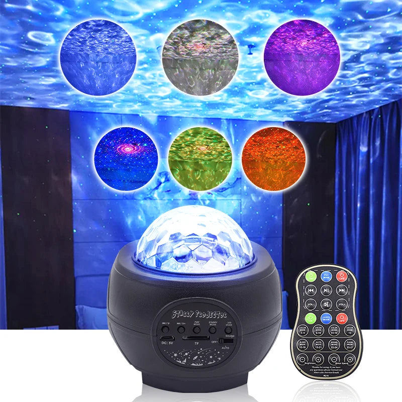New Starry Flame Water Pattern Projection Lamp with White Shade LED USB Music Wireless Speaker Remote Control Romantic Kids Gift