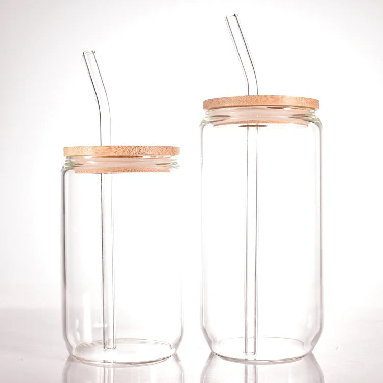New 400ml 500ml Beverage Water Drink Bottle Juice Cup Customized High Borosilicate Glass Bottles with Straw and Bamboo Lid