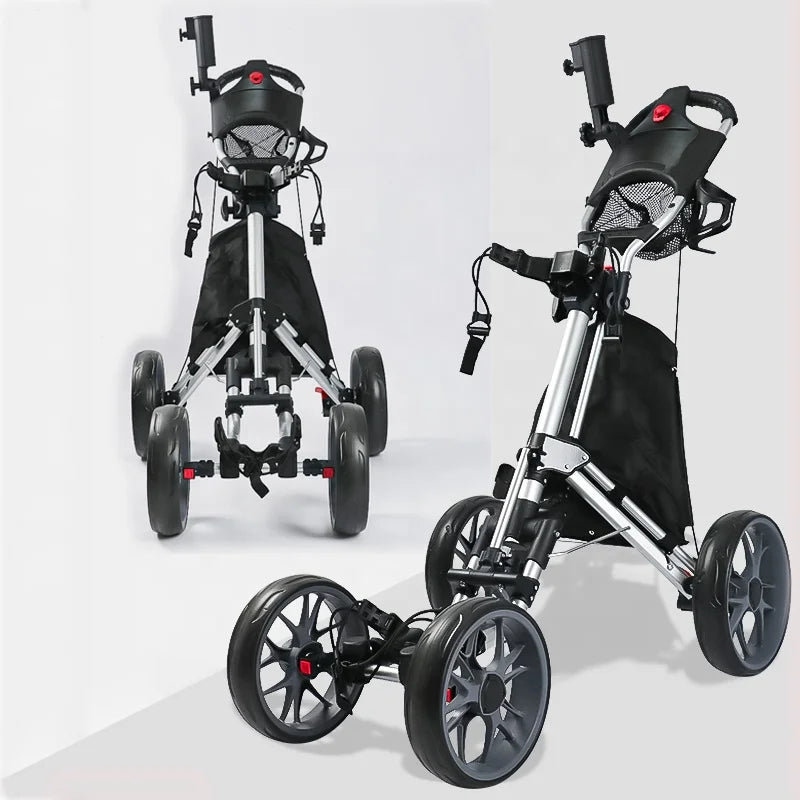 New Aluminum Alloy Golf Push Cart Wholesale Silver Foldable 4 Wheel Golf Trolley for Outdoor With Foot Brake and Umbrella Holder