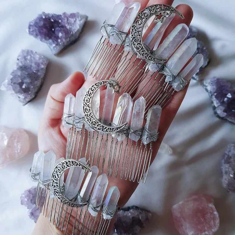 DIY Colorful white crystal natural crystal hairband polished electroplating rainbow crystal hair comb moon star accessories hair accessories bridal hair comb