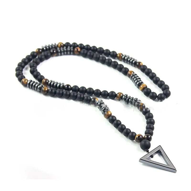 MANCHAO Brown Tiger Eye Necklace Geometric Large Hematite Triangle Pendant Black Glass Bead Plated Steel Agate Main Stone Gift
