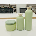 Wholesale 100ml 200ml 300ml 500ml HDPE Matte Green Skincare Packaging Oil Shampoo Shower Gel Lotion Plastic Pump Bottle Set
