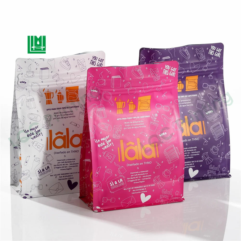 Custom logo Shape Spice square Bottom Matte Frosted Glossy Finish Coffee Food Snack Storage Packing Sachet Pouch Bag