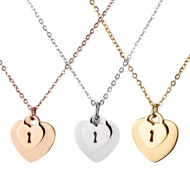 Trendy No Tarnish 18K Gold Silver Rose Plated 316L Stainless Steel Lock Heart Pendant Necklace Jewelry for Women