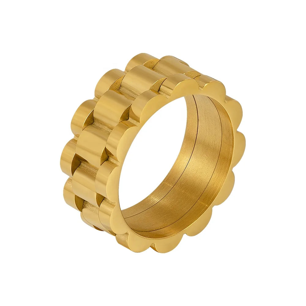 Latest 18K Gold Plated Stainless Steel Jewelry Geometric Watchband Chain for Women Punk Accessories Ring R234194