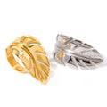 INS Style Glossy 18K Gold Stainless Steel Casual Jewelry Waterproof Leaf Feather Shape Adjustable Open Rings for Women