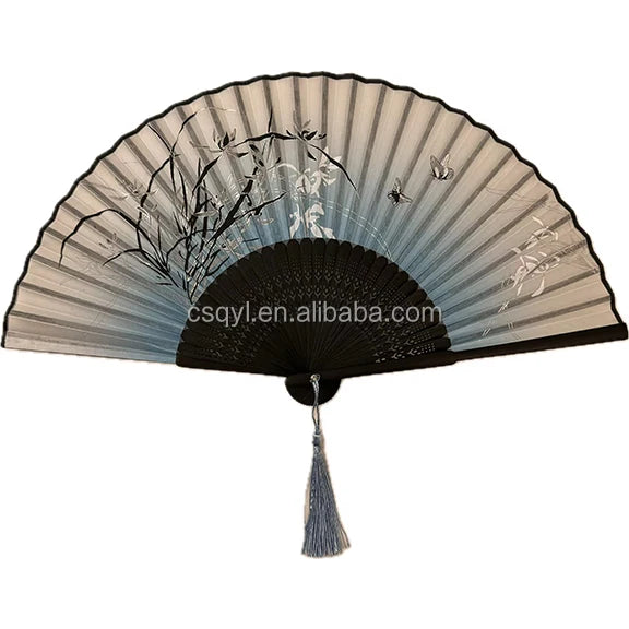 FAREA Floral Bamboo Folding Hand Fans Chinese Style Vintage Pattern Fabric Tassel Women's Wedding Party Home Decoration New Year