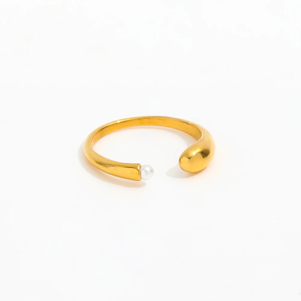 Fenny  18K Gold Plated Elegant Charm Pearl Opening Ring Designer for Women Jewelry Stainless Steel Wholesale Jewelry