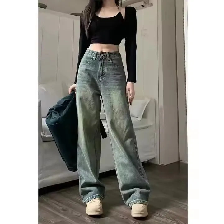Women Streetwear All-Match Casual Pants New Female Y2K High Waist Loose Wide Leg Jeans Vintage 90S Baggy Straight Denim Trousers