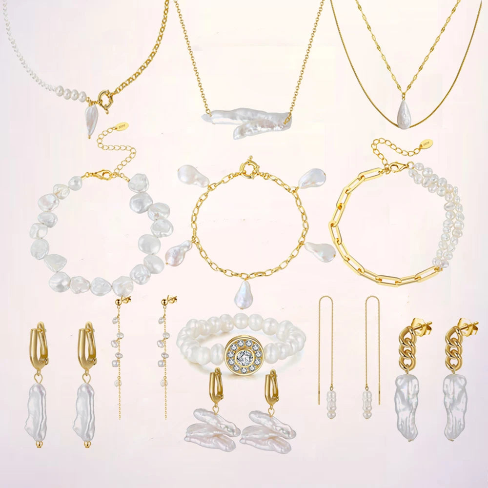 RINNTIN GP Natural Freshwater Pearl Jewelry Sets for Women Trendy Pearl Necklace Earrings Set 14k Gold Plated 925 Silver Baroque