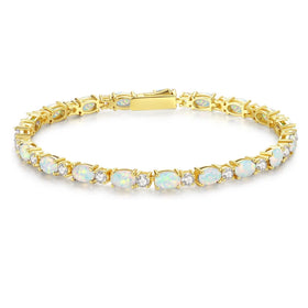 S925 Sterling Silver 4*6mm Oval White Fire Opal Tennis Bracelet Trendy Gemstone 14K Gold Plated for Gifts and Weddings