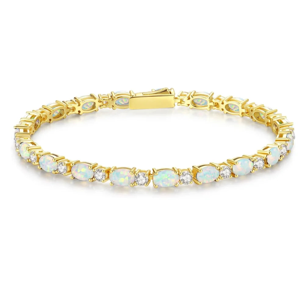 S925 Sterling Silver 4*6mm Oval White Fire Opal Tennis Bracelet Trendy Gemstone 14K Gold Plated for Gifts and Weddings
