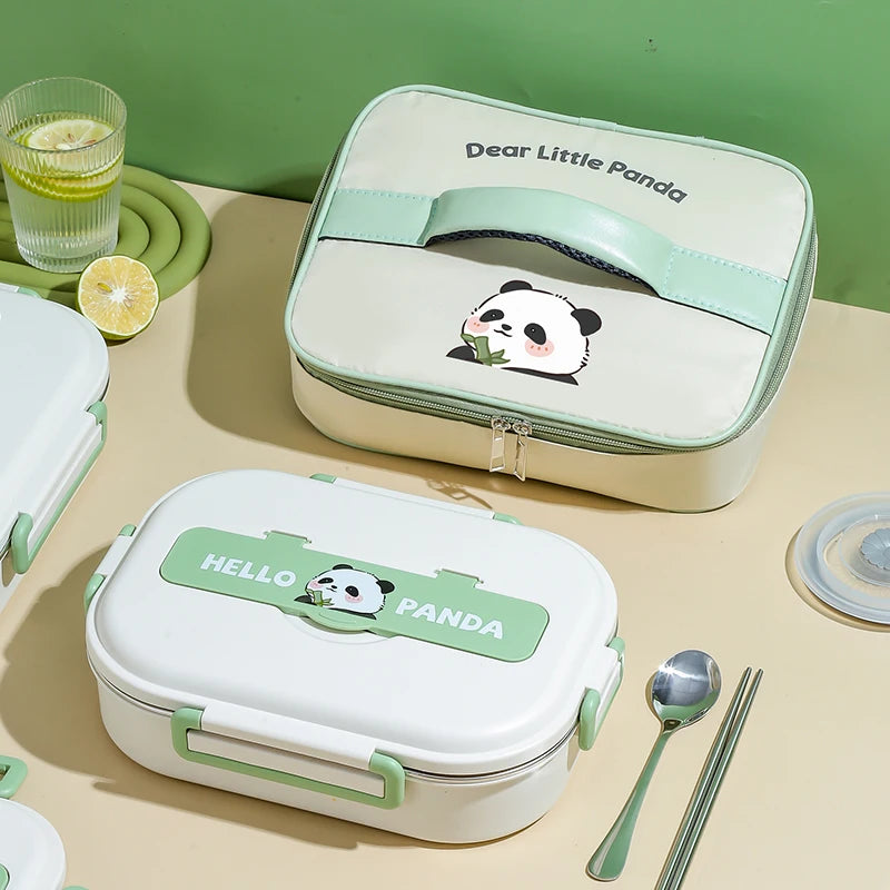 Portable 5 Compartment Cute Panda Stainless Steel 304 Bento Lunch Box Insulated Soup Bowl Leak Proof Microwavable 1550ml