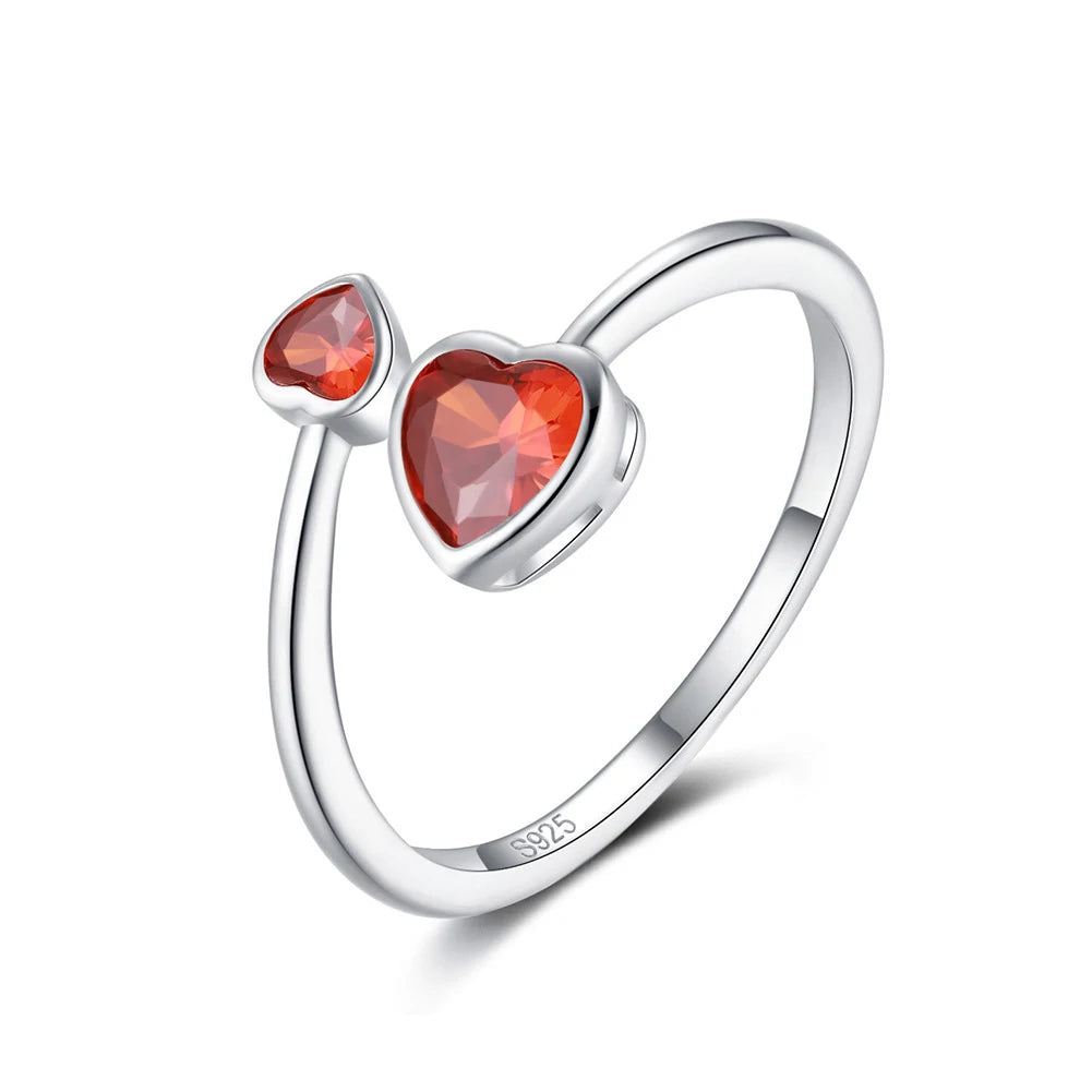 Fine 925 Silver Ring CZ Double Heart 12 Month Birthstone Rings Adjustable for Women Jewelry Gifts