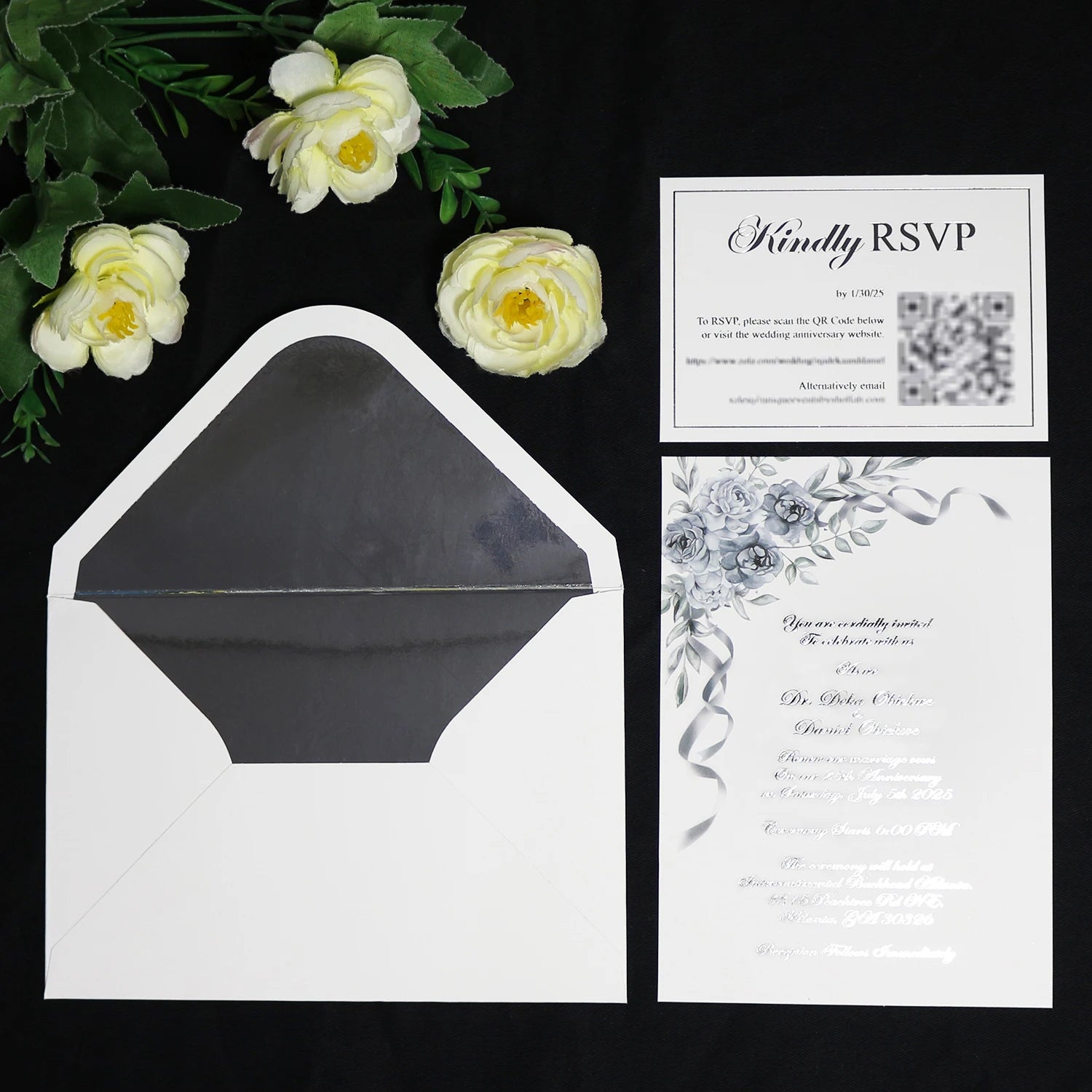 Elegant Silver Foil Wedding Invitation Paper Card with Reply Card and RSVP Card for Wedding Party Event