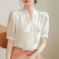 8972# Blouses Femme Summer Short Sleeve Bow-Neck Chiffon Blouse Shirt Blusas Mujer De Moda 2026 Verano Sequins Tops Women