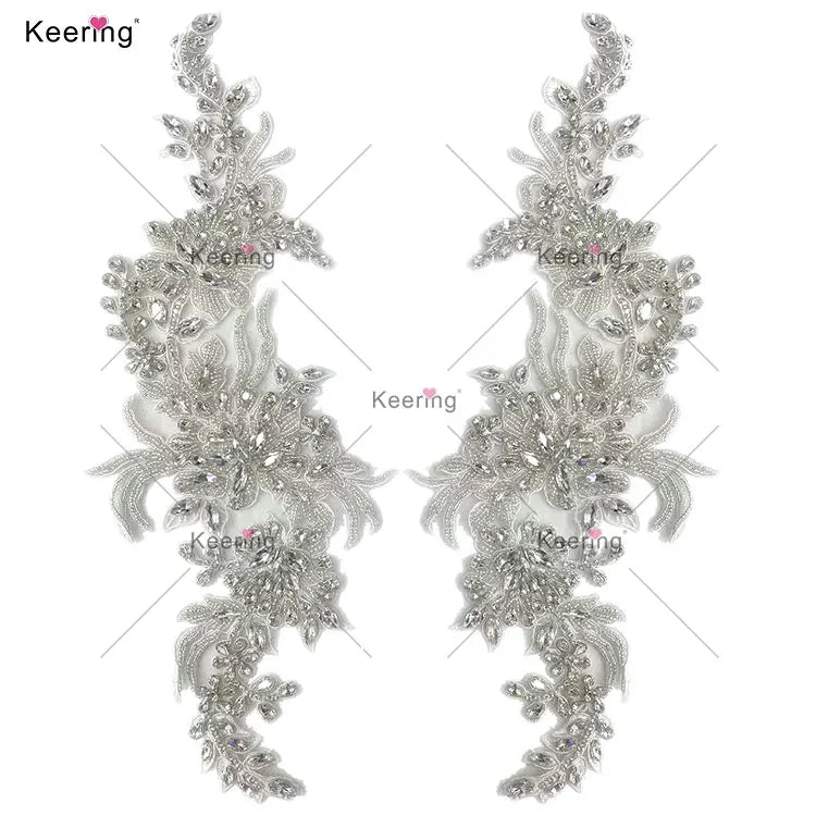 WDP-P-3 Manual Sew on Lilac French Bead Crystal Appliques Heavy Rhinestones Bodice Neckline Patch by Pair for Couture