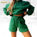 Factory Wholesale 100% Cotton Fleece Woman's Sportswear Custom High Quality Hoodie Shorts 2 Piece Autumn Woven Knitted Printed