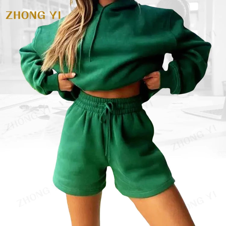 Factory Wholesale 100% Cotton Fleece Woman's Sportswear Custom High Quality Hoodie Shorts 2 Piece Autumn Woven Knitted Printed