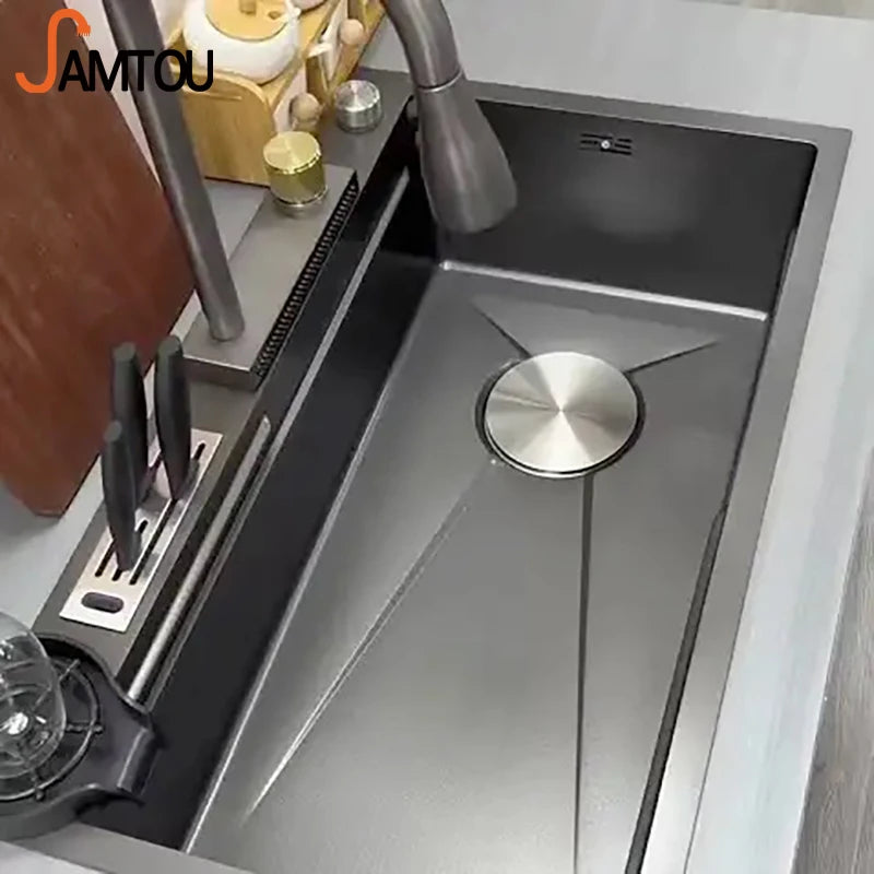SAMTOU Best Selling Gun Black Coating Multifunction Stainless Steel Sink Waterfall Kitchen Sink with Cup Washer and Knife Holder