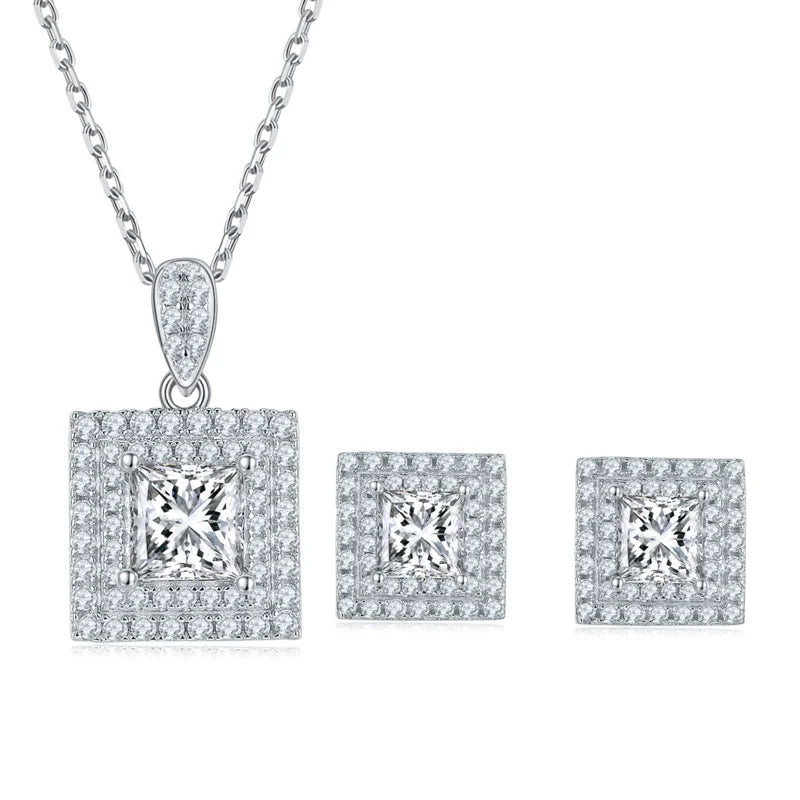 White Gold Plated 925 Sterling Silver Moissanite Pendant Stud Necklace Earrings Set Fine Jewelry Set