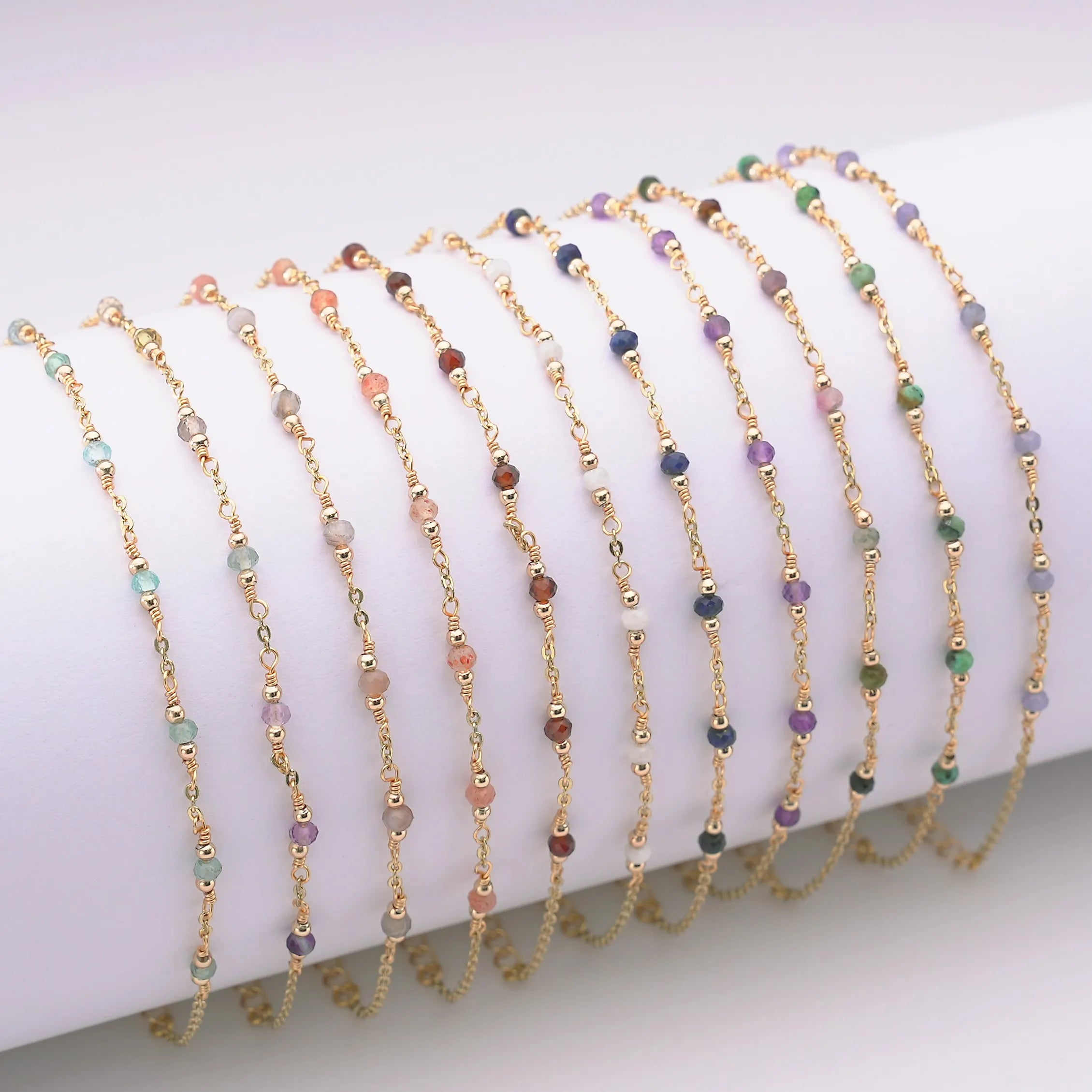 Custom Bohemian Style Jewelry Gold Plated Charm Amethyst Colorful Natural Stone Brass Chained Bracelet
