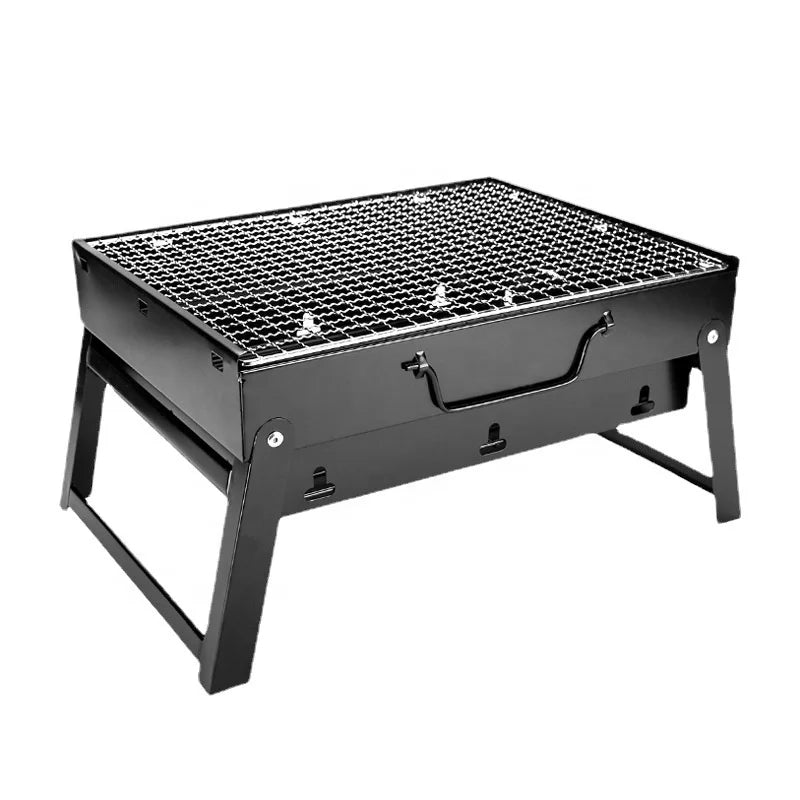 Portable Black Steel BBQ Grill Stove Foldable Outdoor Broiler Charcoal Barbecue Rack Durable Iron for Household Cooking