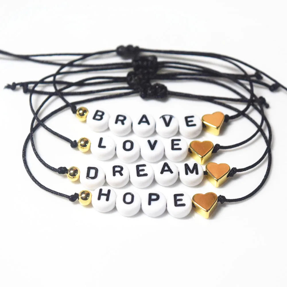 Handmade Black String Bracelet with Heart Charm Acrylic Inspire Me Letters 14k Gold Plated Heart Friendship for Ladies Wholesale