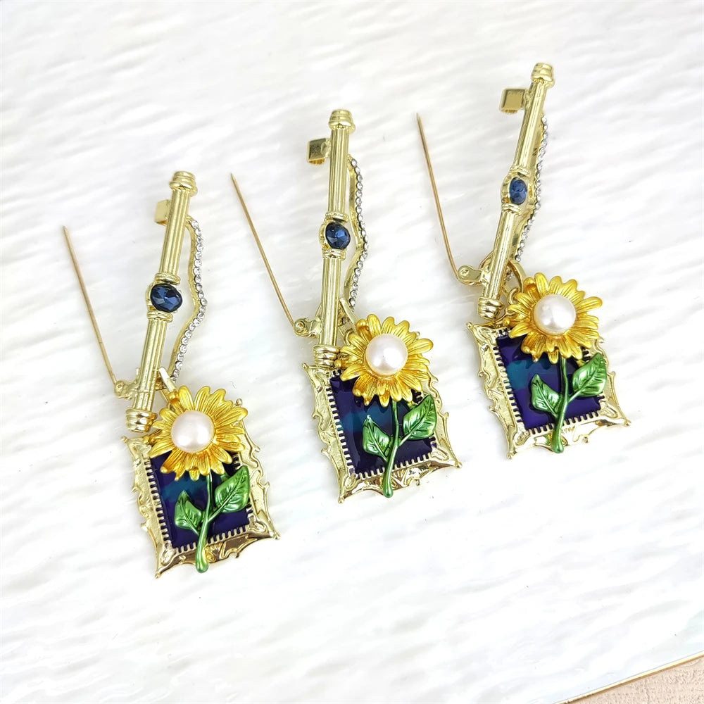 Wholesale Price Gemstones Jewelry Gold Plated Sunflower Brooches Pins with Genuine White Pearl for Party Anniversary Gifts