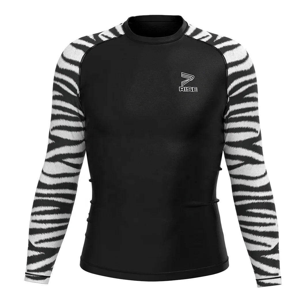 Zebra Stripe Rash Guard for Men - High-Performance Compression Shirt for Surfing MMA BJJ and Gym Workouts