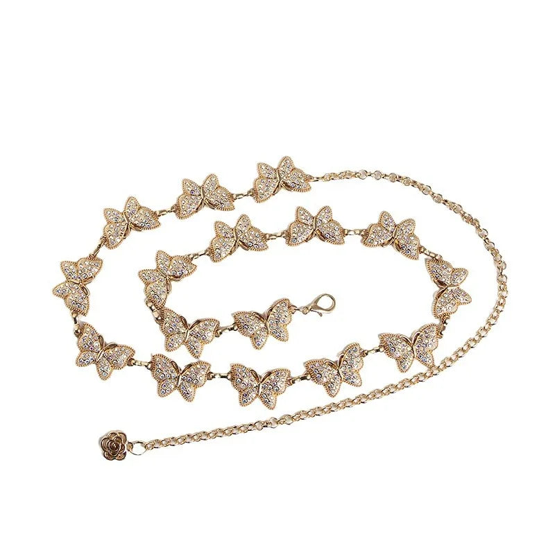 New Design Elegant Metal Gold Adornment Waist Chain Belt Dress Jewelry Diamond Butterfly Women Waist Chain Belt