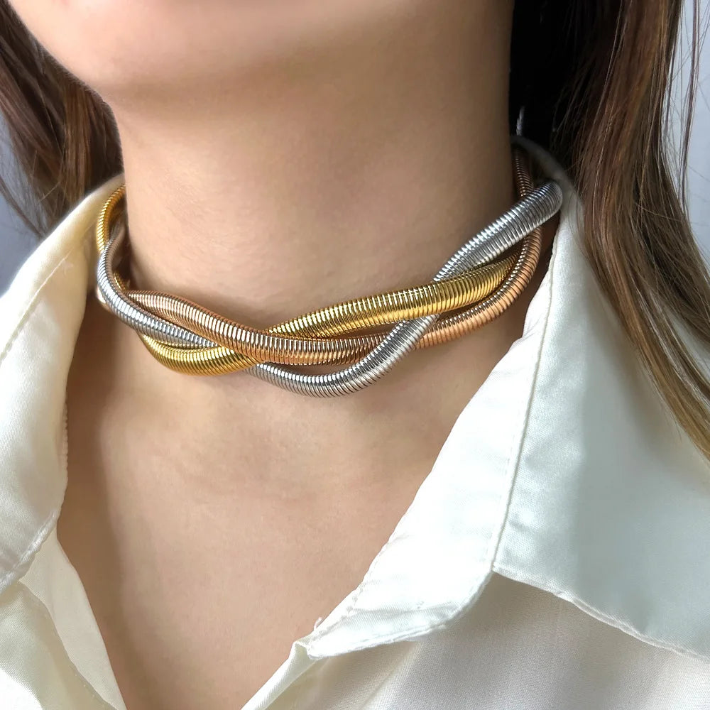 YF3602 Vintage Jewelry Waterproof 18K Gold Plated 316L Stainless Steel Choker Three Layers Elastic Stripe Chain Braided Necklace
