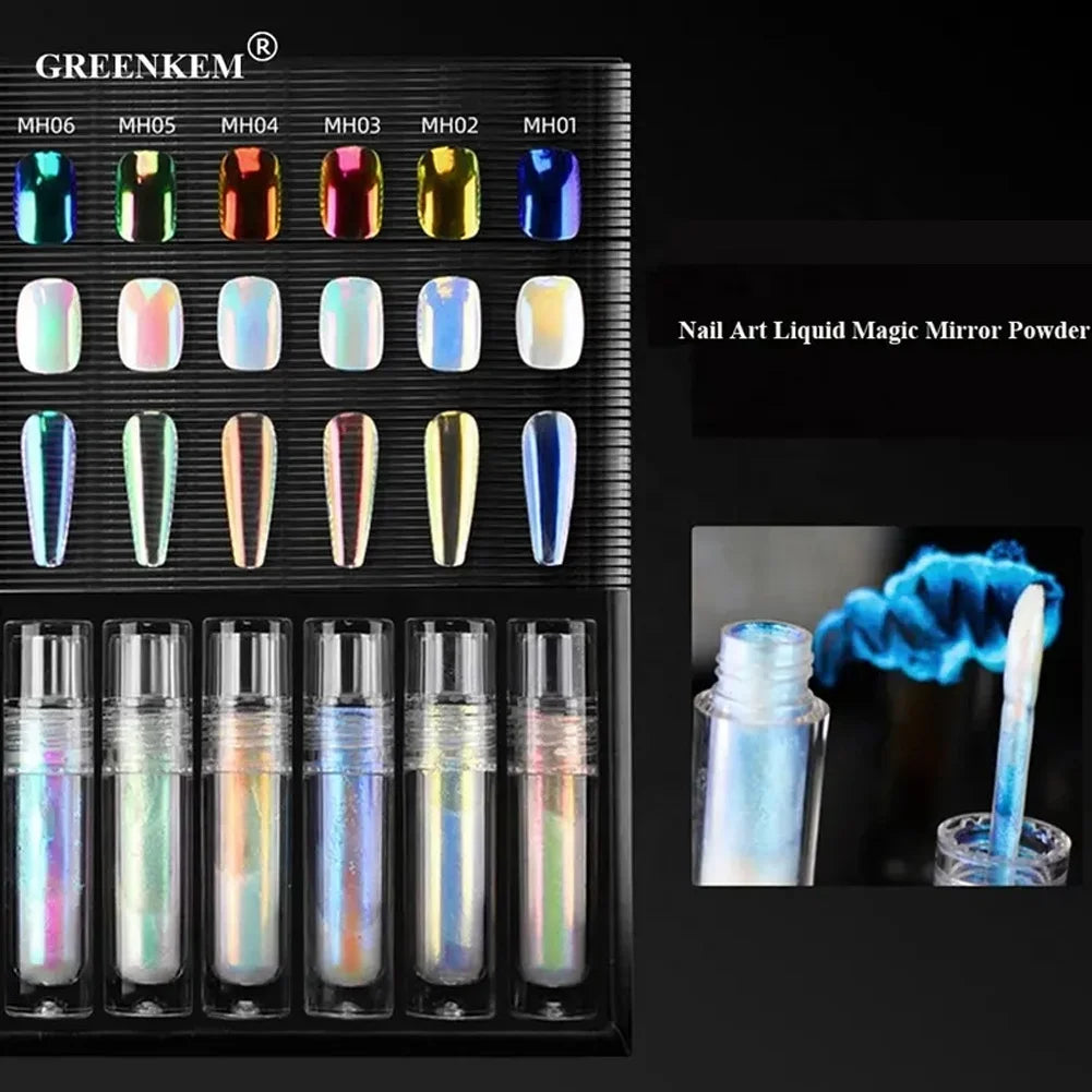 2026 New Arrivals Aurora Liquid Powder 6 Colors Metallic Chrome Nail Polish Magic Glass Mirror Effect Gel Polish Mirror Powder