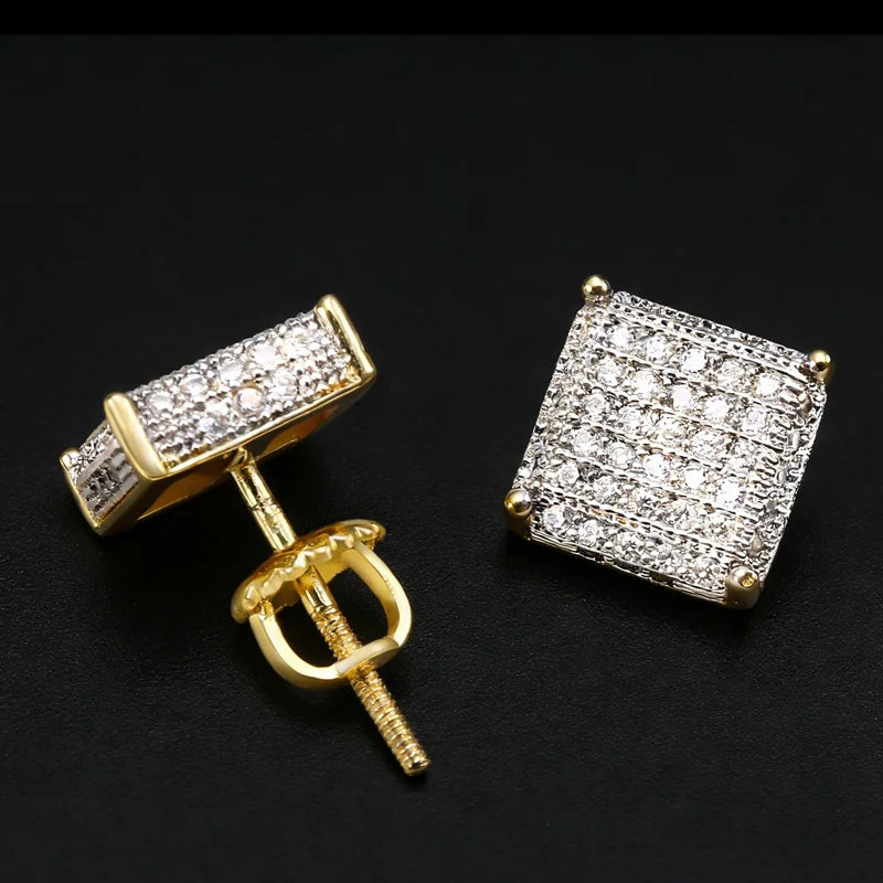 Hip Hop Style Studs Two-Tone Gold & Silver Iced Out Square Brass Earrings for Men