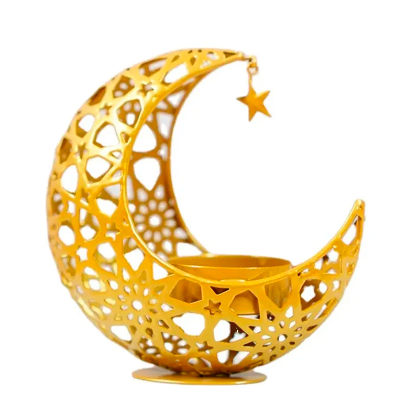 Ramadan Eid Kareem Gold Plated Metal Candlestick Customizable Moon Shape Boxed Wholesale Customizable Size and Design