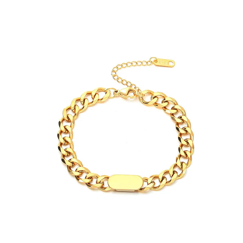 Fashion Trendy Stainless Steel Engraving Blank bar Charm Cuban Chain Bracelet Jewelry