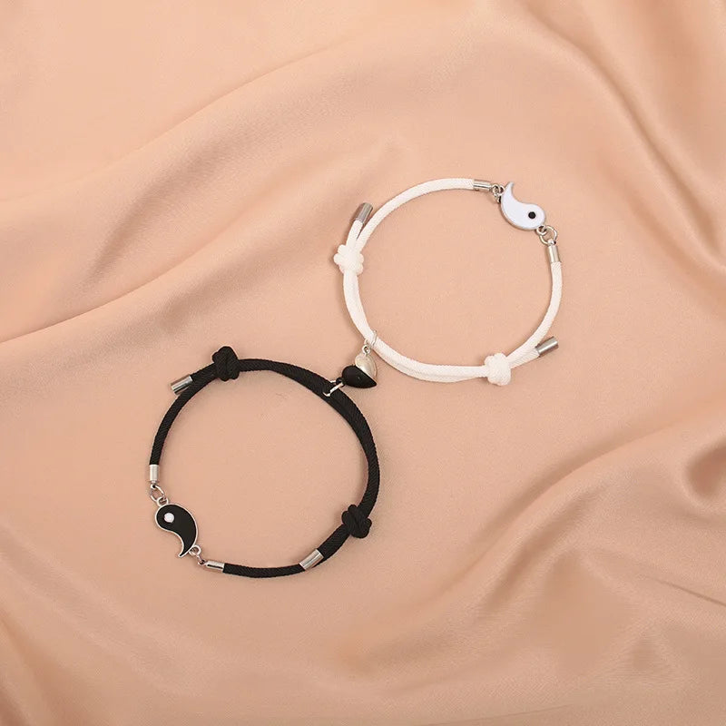 2Pcs Matching Couples Friends Tai Chi Gossip Magnet Bracelet Adjustable Heart Magnetic Yin Yang Bracelet for Women and Men