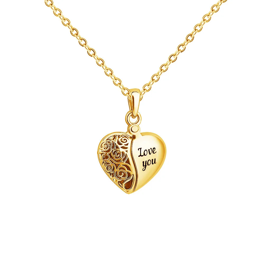 Qiuhan Love You Double Open Peach Heart Personality Half Hollowed Out Corroded DIY Photo Letter Pendant Necklace